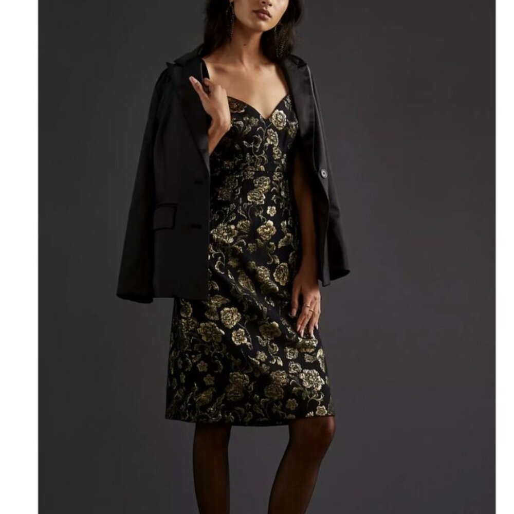 Anthropologie Maeve Black & Gold Floral Birds Jacquard Dress - Picture 2 of 16